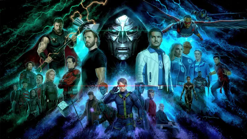 Oficjalna grafika Avengers: Doomsday z Doktorem Doomem w centrum, otoczonym bohaterami Avengersów, Fantastycznej Czwórki i X-Men