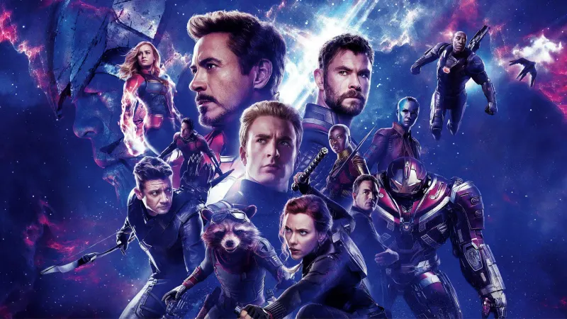 Bohaterowie Avengers: Koniec gry w kosmicznej scenerii, na pierwszym planie Iron Man, Thor i Kapitan Ameryka, materiał promocyjny filmu