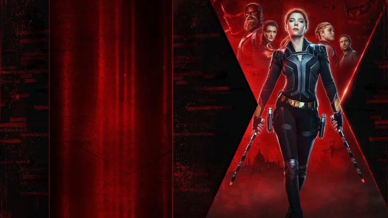 Natasha Romanoff jako Czarna Wdowa z pistoletami na tle czerwonego znaku i sylwety Budapesztu, grafika promocyjna filmu